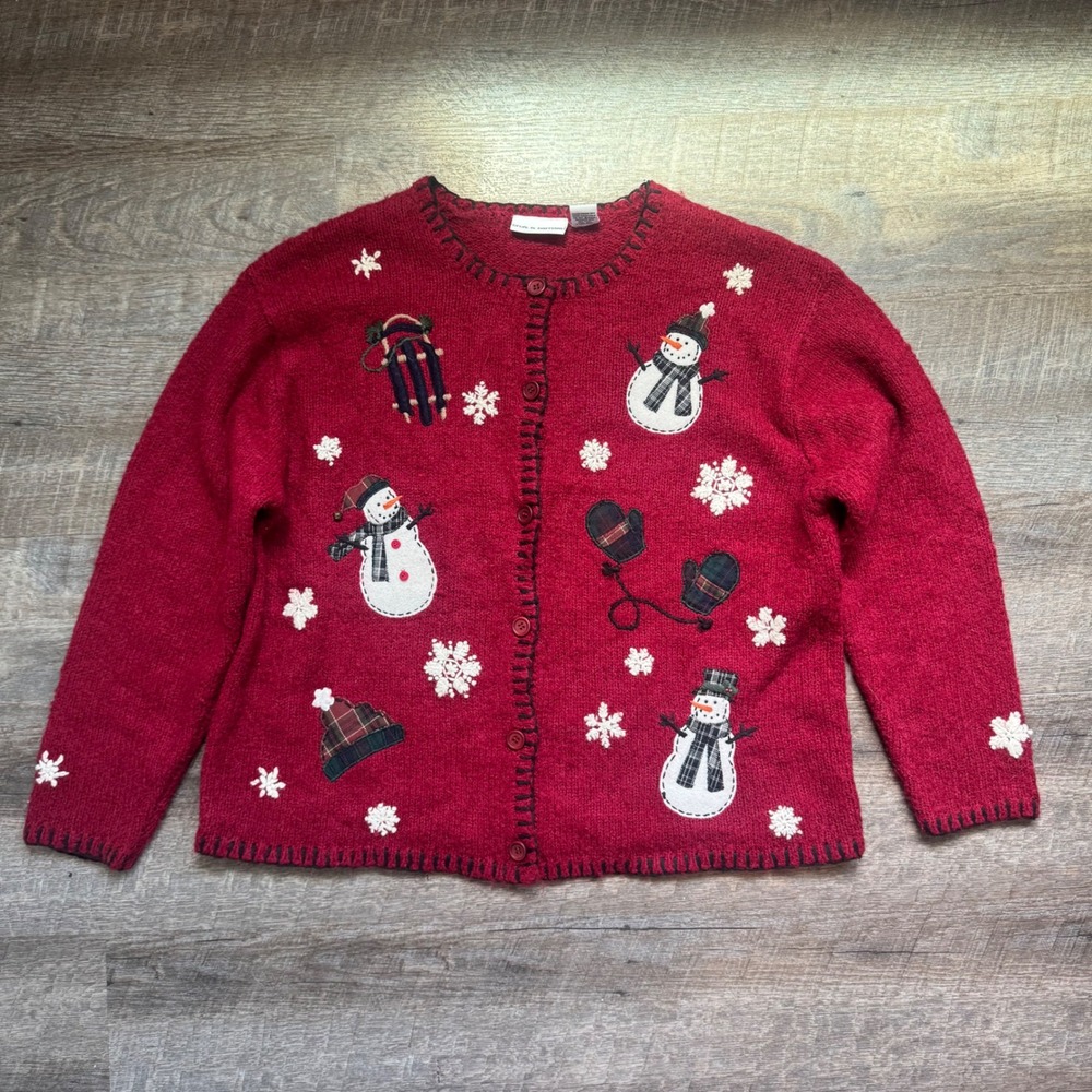 Snowman Christmas Embroidered Grandma Cardigan Sweater XL Red wool Silk Blend